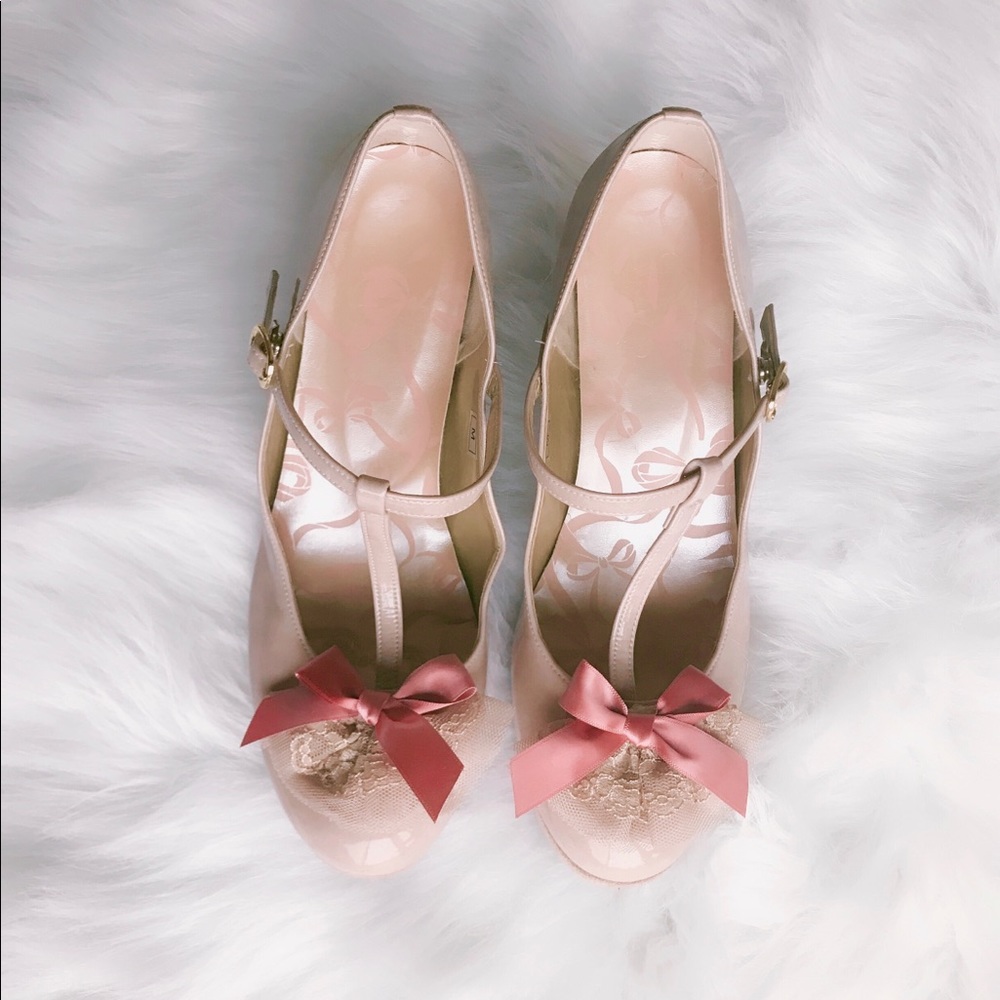 Ank Rouge Dusty Pink Bow Lace T-Strap Heels